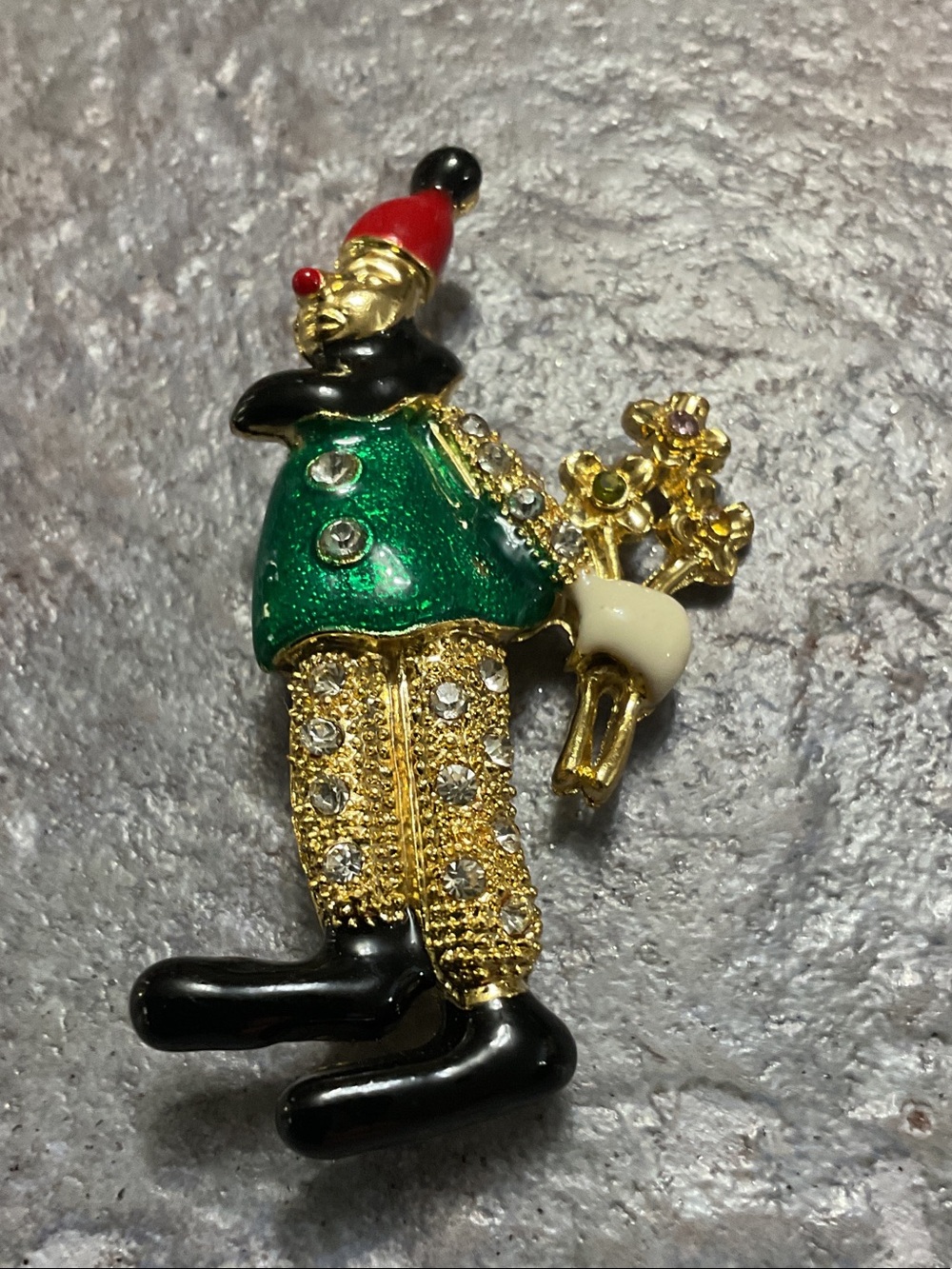 Gold-Tone Green Clown Brooch with Black Accents and Crystal Details